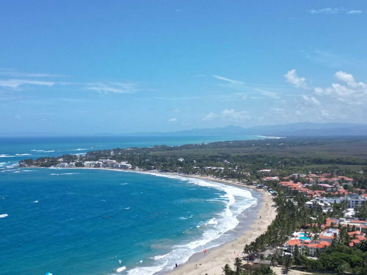 Aerial view of a Caribbean coastline with turquoise waters and resort beaches
