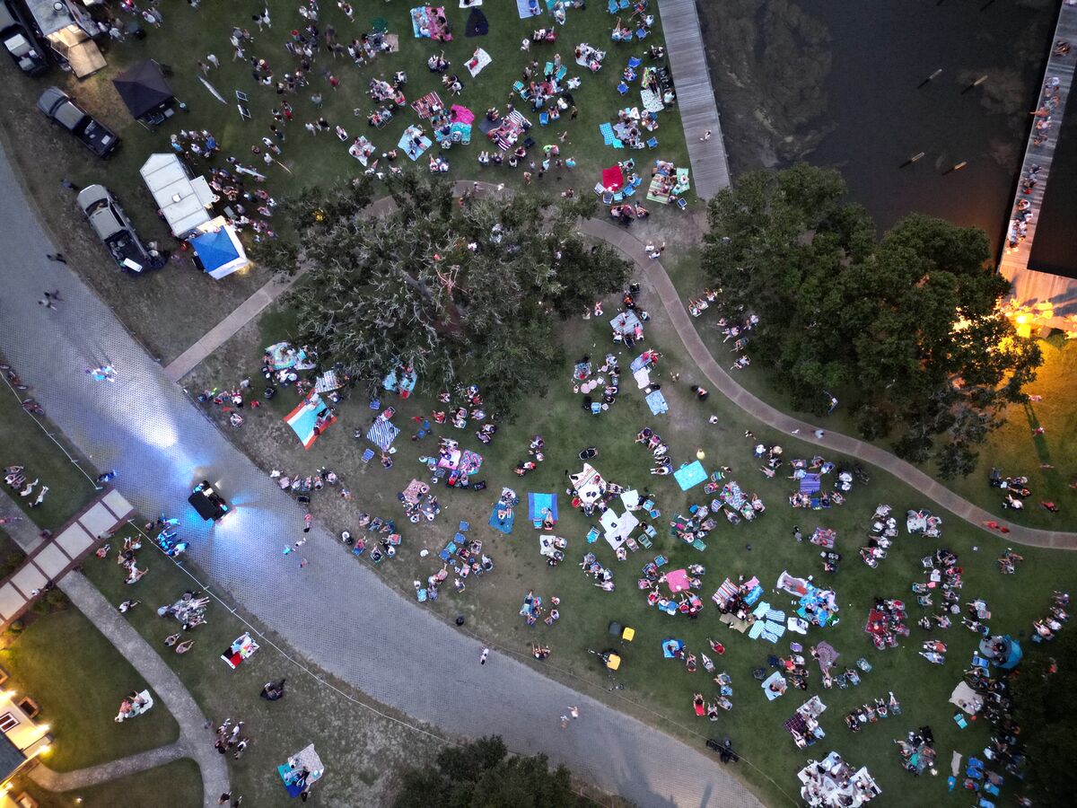 Overhead aerial view of an event crowd gathering on lawn