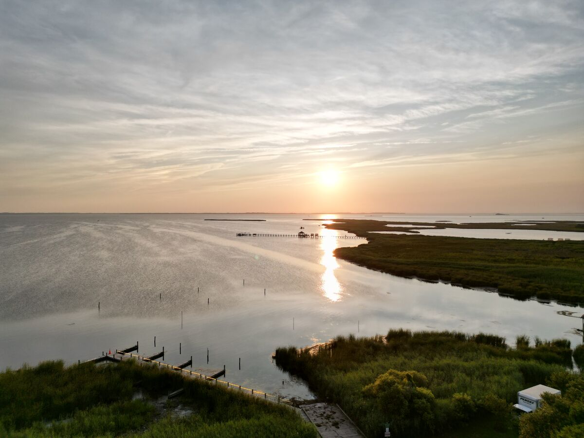 Aerial view of a sunset over the sound with docks and marsh grass